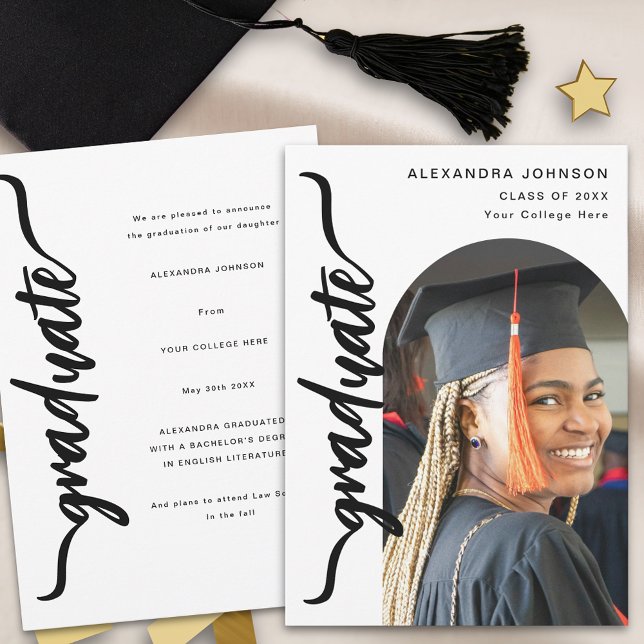 Eleganter Moderner Foto Abschluss Ankündigung (Modern trendy arch photo graduation announcement card stylish black and white minimalist design)