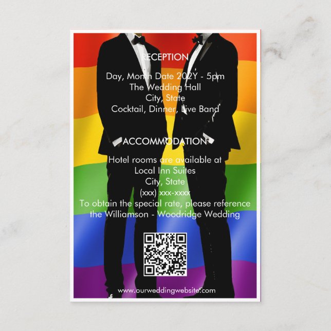 Eleganter, moderner Gay Men Wedding Rainbow Begleitkarte (Rückseite)