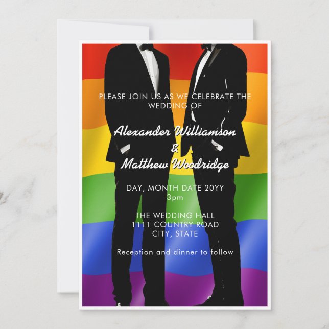 Eleganter, moderner Gay Men Wedding Rainbow Einladung (Vorderseite)