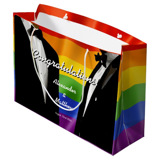 Eleganter, moderner Gay Men Wedding Rainbow Große Geschenktüte (Rückseite Schrägansicht)