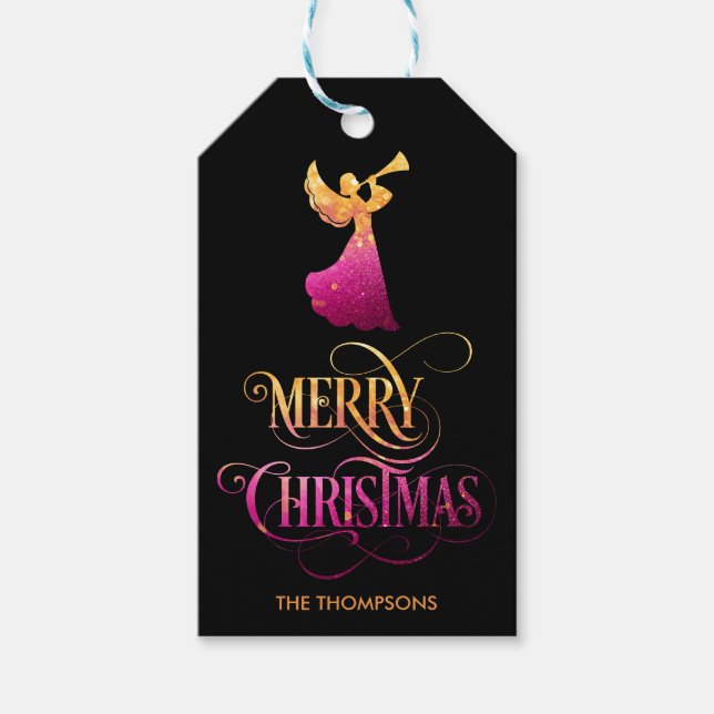 Eleganter Moderner Glitzer Angel Frohe Weihnachten Geschenkanhänger (Vorderseite)