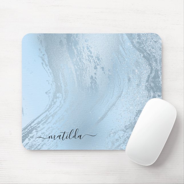 Eleganter, moderner Glitzer aus Babyblau-Marmor Mousepad (Mit Mouse)