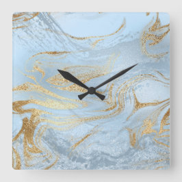 Eleganter, moderner Glitzer aus Gold und hellblaue Quadratische Wanduhr