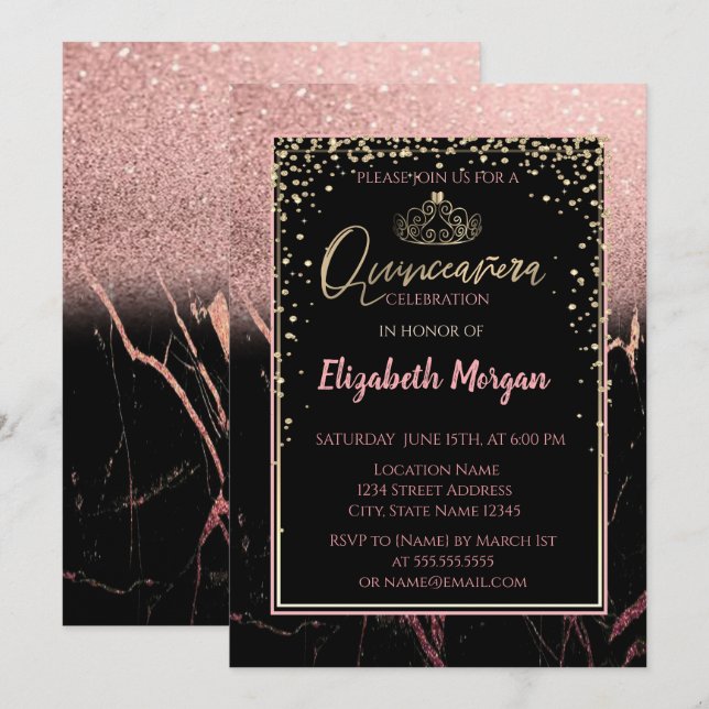 Eleganter moderner Glitzer Gold Tiara, Marmor Einladung (Vorne/Hinten)