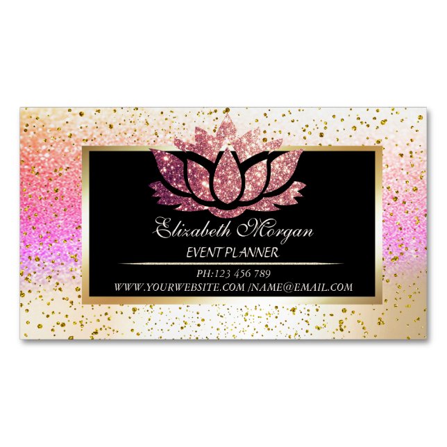 Eleganter moderner Gold Confetti, Bokeh Frame Lotu Magnetische Visitenkarte (Vorderseite)