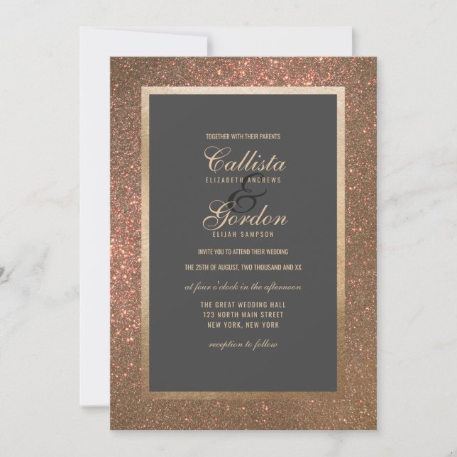 Eleganter moderner Gold Glitzer dicker Border Wedd Einladung (Vorderseite)