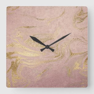 Eleganter moderner Goldmarmor- und Rose-Look Quadratische Wanduhr