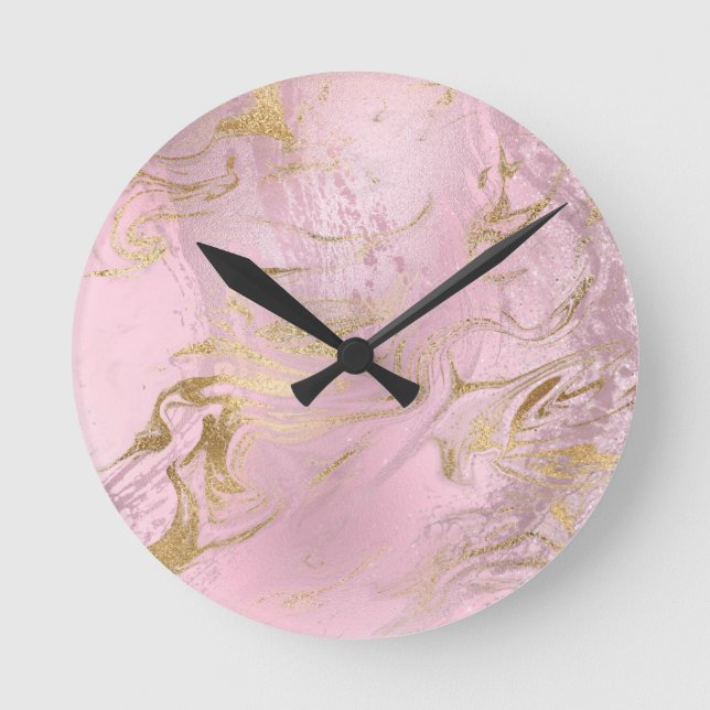 Eleganter, moderner Goldmarmor und Rose mit Glitze Runde Wanduhr (Vorderseite)
