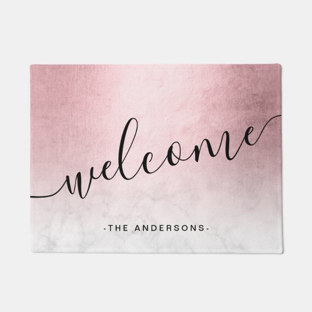 Eleganter, moderner Gradient Rose, weißer Marmor Fußmatte (Vorderseite)