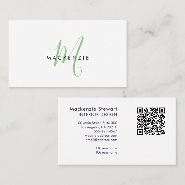 Eleganter moderner grüner Schriftmonogramm-QR-Code Visitenkarte (Vorne/Hinten)