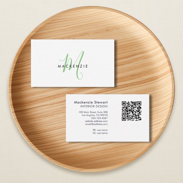Eleganter moderner grüner Schriftmonogramm-QR-Code Visitenkarte (Von Creator hochgeladen)