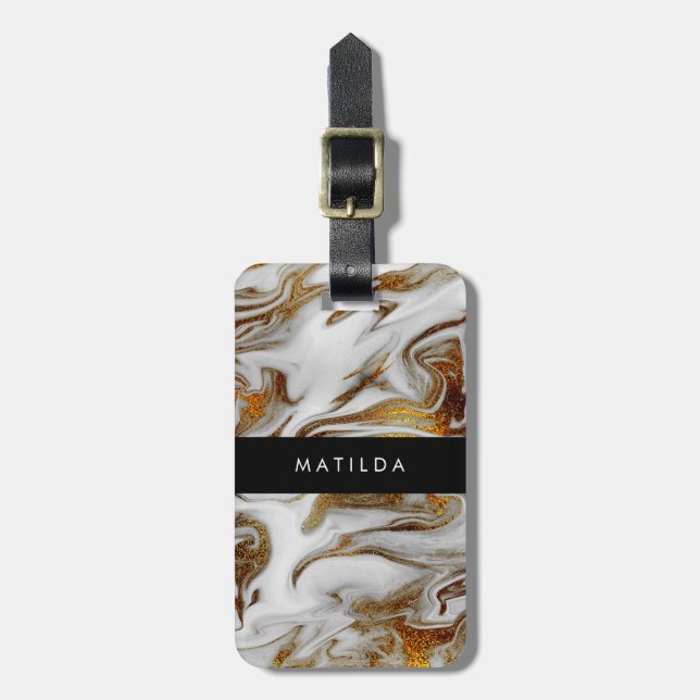Eleganter, moderner Kupfergold und weißer Marmor Gepäckanhänger (Vorderseite vertikal)