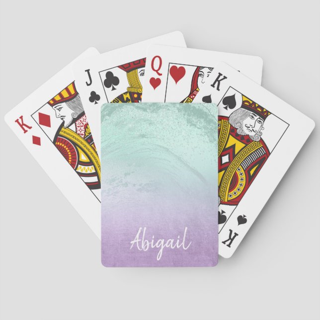 Eleganter, moderner, lila und minter Glitzer-Marmo Spielkarten (Rückseite)