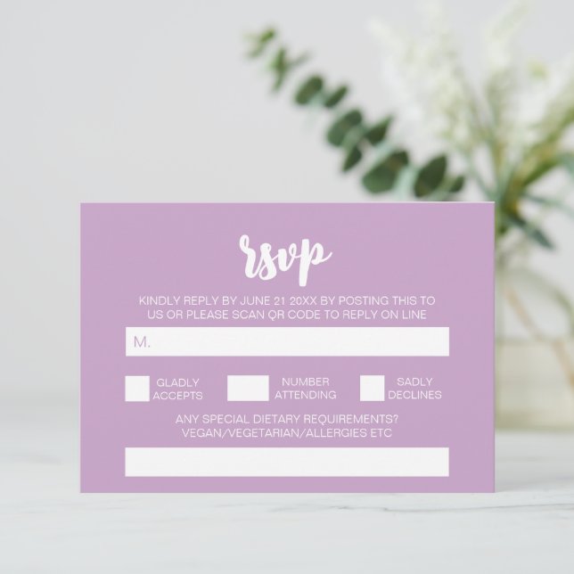 Eleganter moderner Lilac Wedding QR Code UAWG Begleitkarte (Stehend Vorderseite)