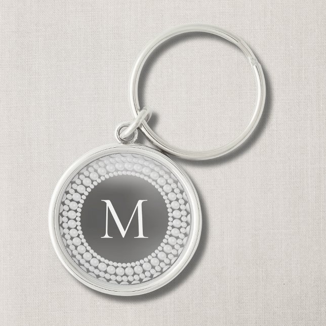 Eleganter Moderner Mit Monogramm Schlüsselanhänger (Grey Modern Monogram with Pearl Print Design)