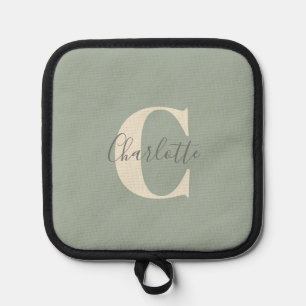Eleganter moderner Monogrammname in Sage Green Topflappen