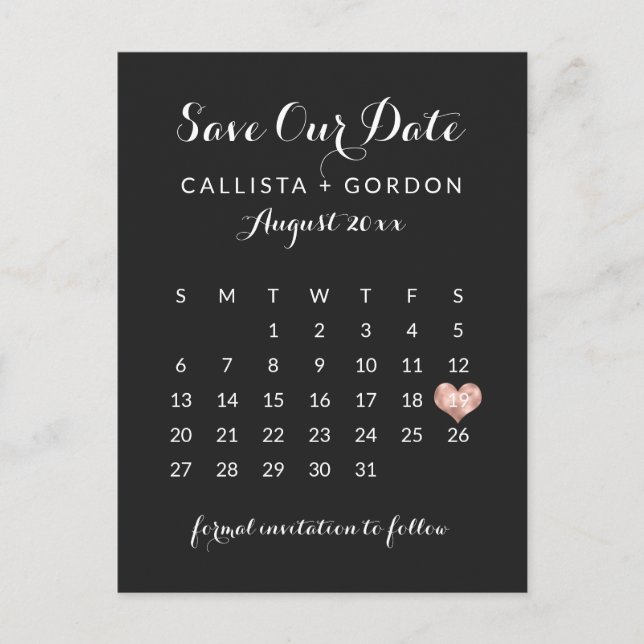 Eleganter moderner Navy Blue Rose Gold Herzkalende Ankündigungspostkarte (Vorderseite)