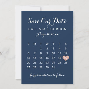 Eleganter moderner Navy Blue Rose Gold Herzkalende Save The Date