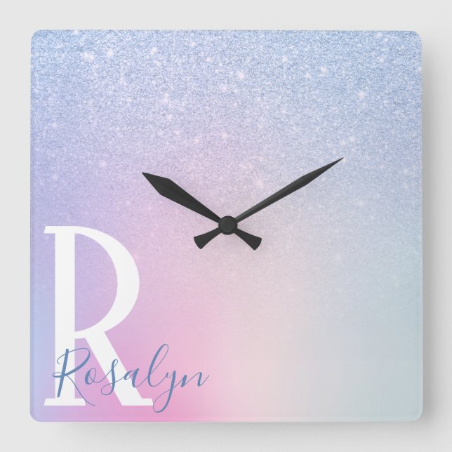 Eleganter, moderner, ombre blauer Glitzer Regenbog Quadratische Wanduhr (Vorderseite)