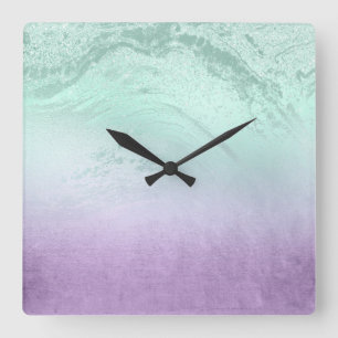 Eleganter moderner ombre lila & mint Glitzer Marmo Quadratische Wanduhr
