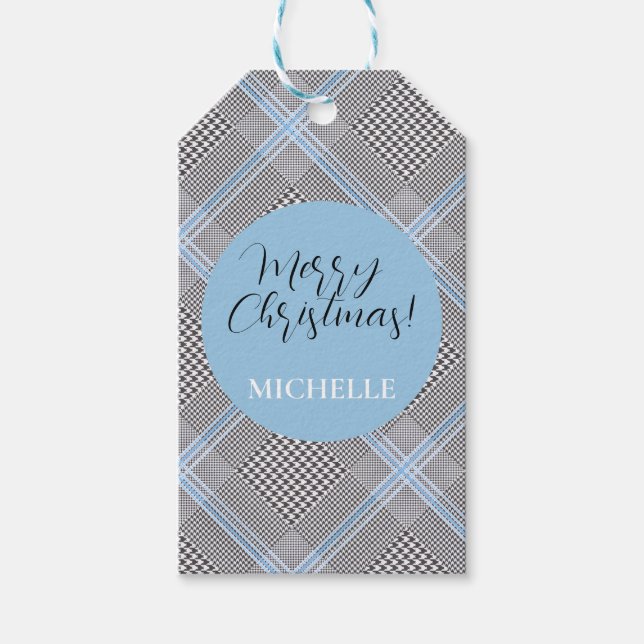 Eleganter moderner personalisierter blauer Tartan Geschenkanhänger (Vorderseite)