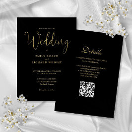 Eleganter moderner QR Code Black and Gold Wedding Einladung