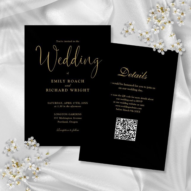 Eleganter moderner QR Code Black and Gold Wedding Einladung (Elegant Modern QR Code Black And Gold Wedding Invitation)
