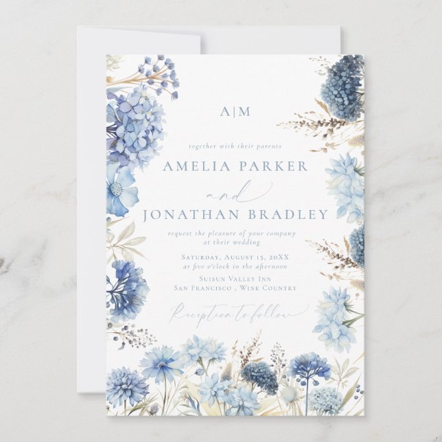Eleganter moderner QR Code Dusty Blue Floral Weddi Einladung (Vorderseite)