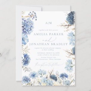 Eleganter moderner QR Code Dusty Blue Floral Weddi Einladung