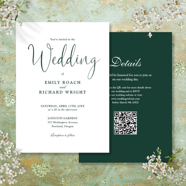 Eleganter moderner QR-Code Emerald Green Wedding Einladung (Elegant Modern QR Code Emerald Green Wedding Invitation)