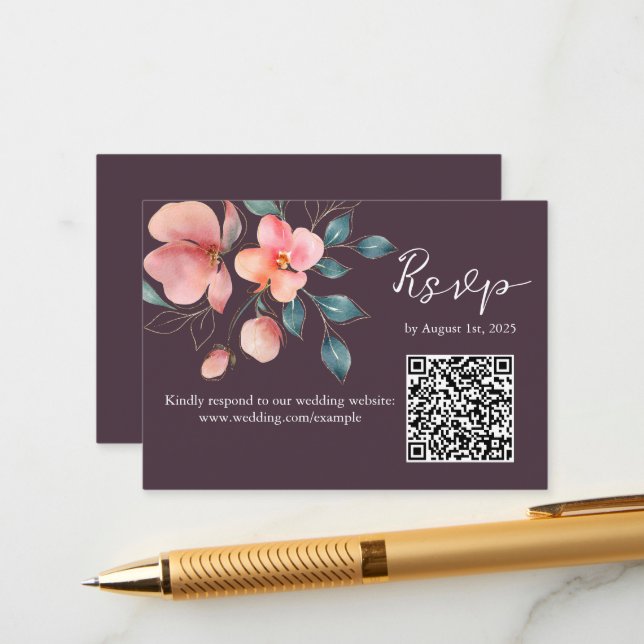 Eleganter moderner QR-Code für Rosa und Gold Flora Begleitkarte (Vorderseite/Rückseite Beispiel)