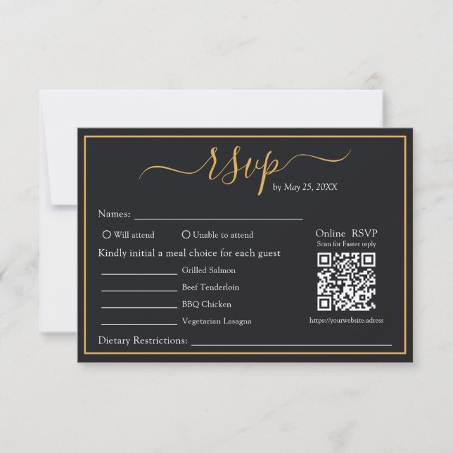 Eleganter moderner QR-Code-UAWG für Schwarz-Gold-B RSVP Karte (Vorderseite)
