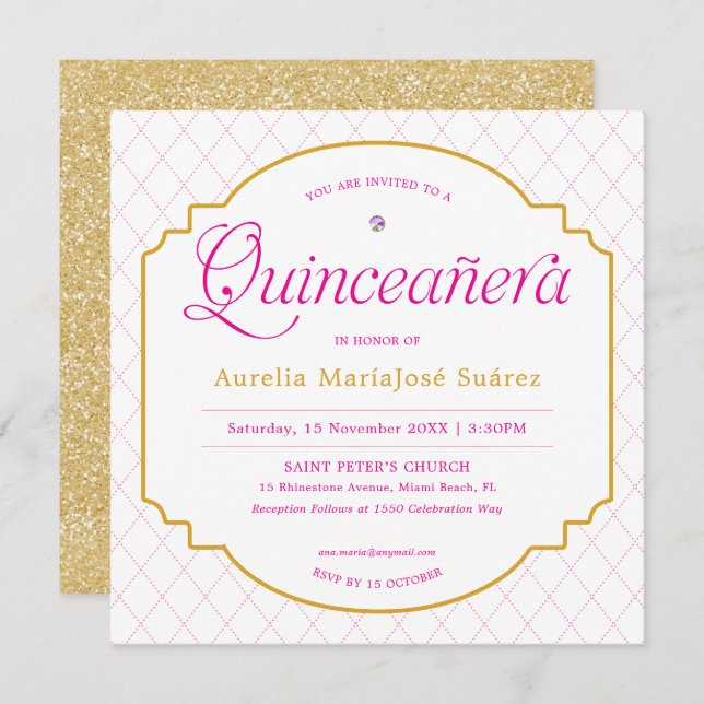 Eleganter moderner Rosa Gold Glitzer Quinceañera Einladung (Vorne/Hinten)