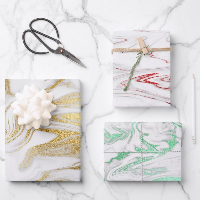 Eleganter moderner, roter, goldgrüner Marmor Geschenkpapier Set (Vorderseite)