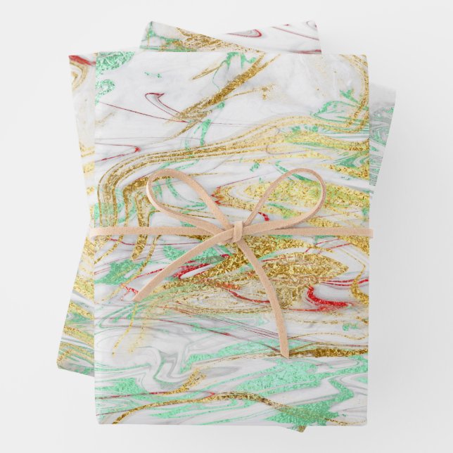 Eleganter moderner, roter, goldgrüner Marmor Geschenkpapier Set (Beispiel)