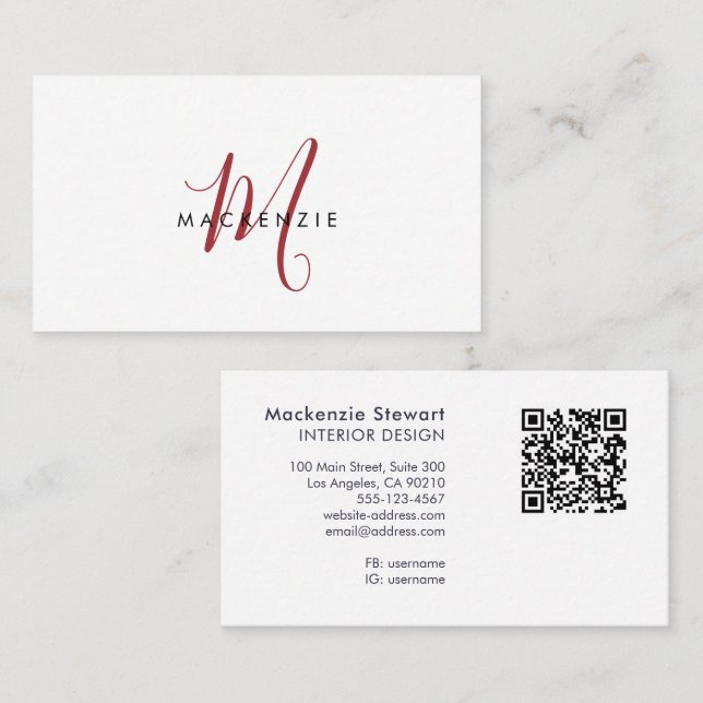 Eleganter moderner roter Schriftmonogramm-QR-Code Visitenkarte (Vorne/Hinten)