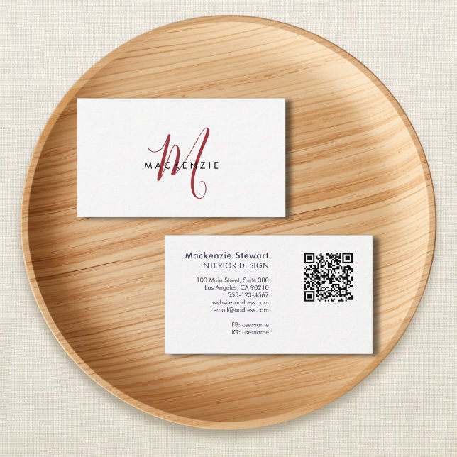Eleganter moderner roter Schriftmonogramm-QR-Code Visitenkarte (Von Creator hochgeladen)