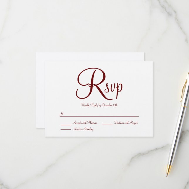 Eleganter Moderner Schriftart Burgund RSVP Karte (Vorderseite/Rückseite Beispiel)