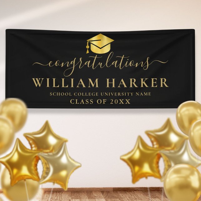 Eleganter moderner Schwarz-Gold-Script-Abschluss Banner (Elegant Modern Black And Gold Script Graduation Banner)