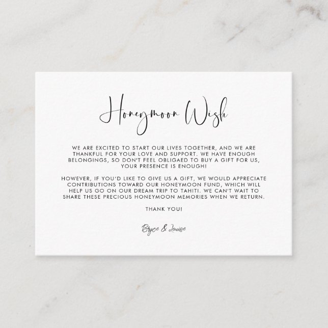 Eleganter & moderner Schwarz-Weiß-Flitterwochen-Wu Begleitkarte (Vorderseite)