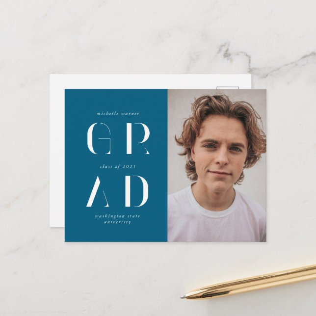 Eleganter moderner Script-Abschluss-Ankündigung Postkarte (Vorderseite/Rückseite Beispiel)