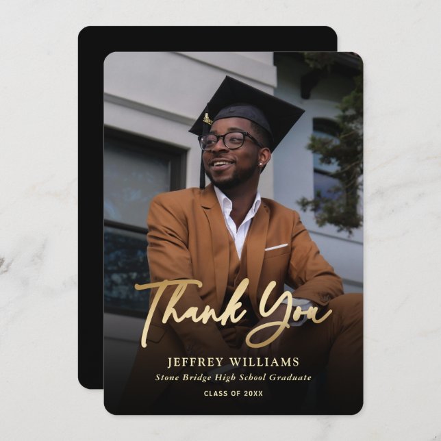 Eleganter, moderner Script Black Gold Foto Abschlu Dankeskarte (Vorne/Hinten)