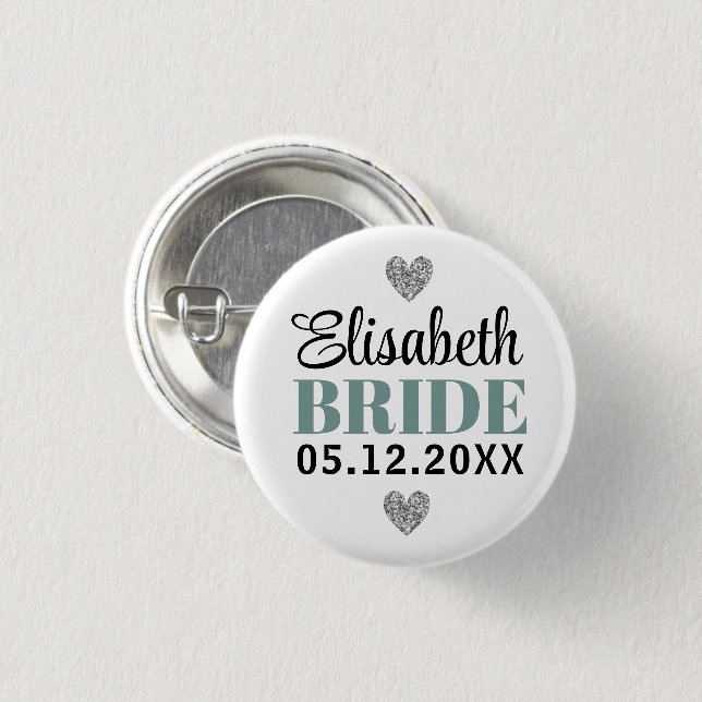 Eleganter moderner Script-Glitzer Hearts Gray Brid Button (Vorne & Hinten)