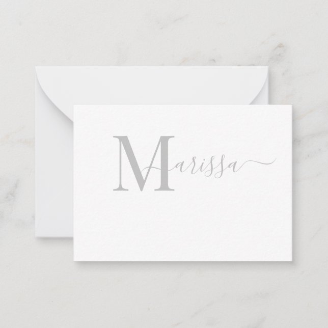 Eleganter, moderner Script-Graue Monogram-Name Mitteilungskarte (Vorderseite)