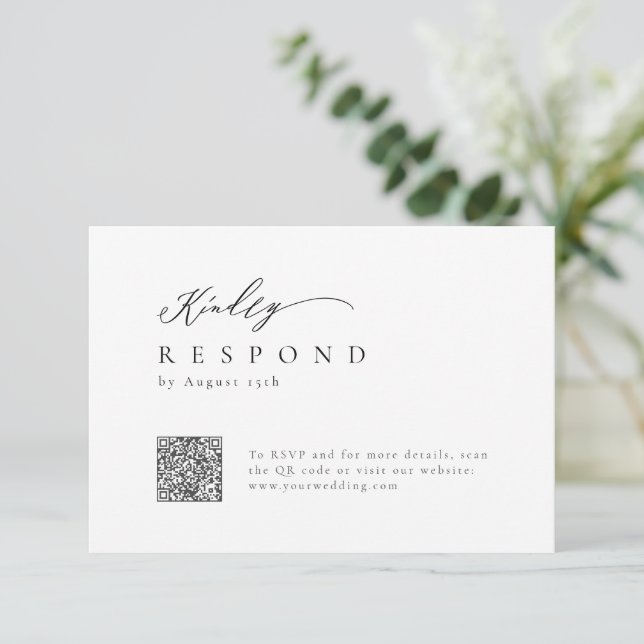 Eleganter moderner Script minimalistischer QR-Code RSVP Karte (Stehend Vorderseite)
