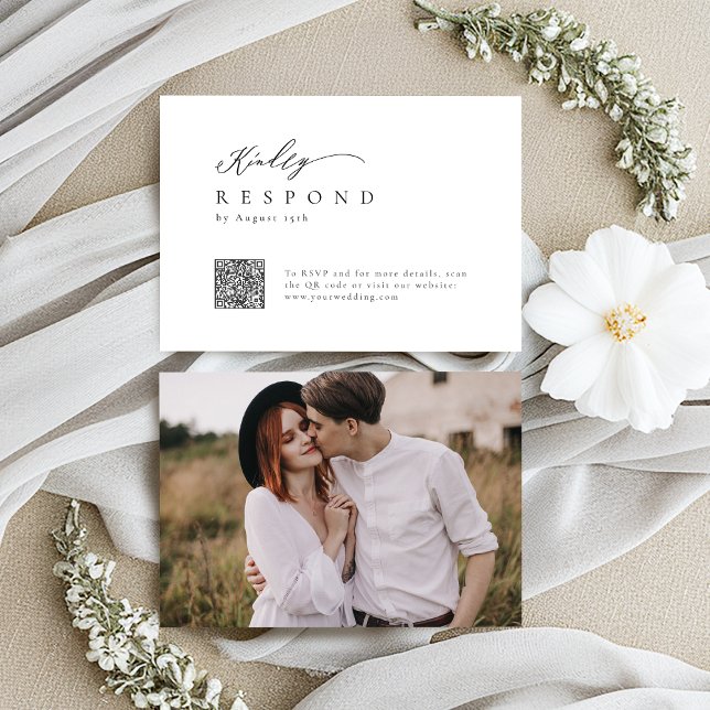 Eleganter moderner Script minimalistischer QR-Code RSVP Karte (Elegant modern script minimalist wedding QR code RSVP Card)