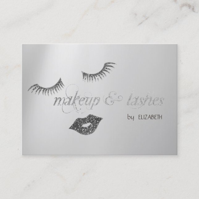 Eleganter, moderner Silber-Glitzer Lippen, Lashes Visitenkarte (Vorderseite)