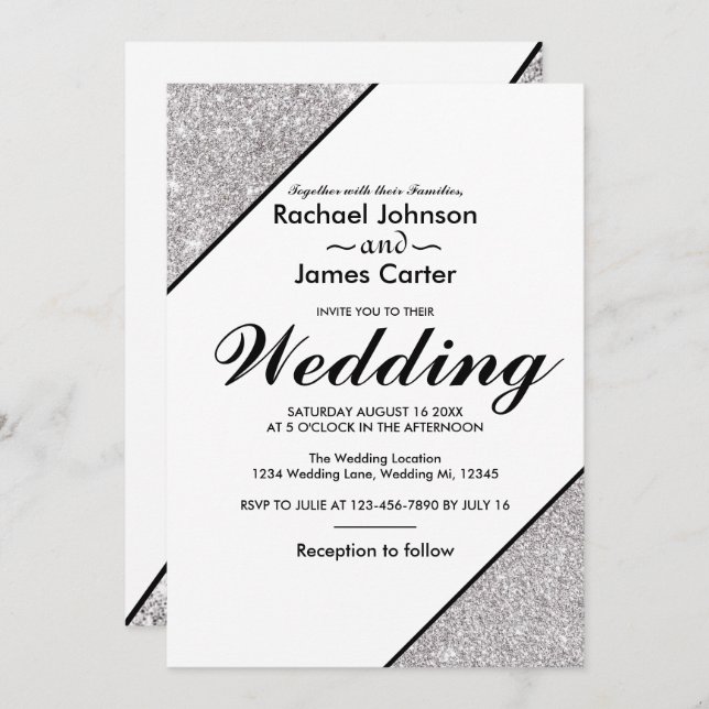 Eleganter moderner silberner Glitzer auf weißem Hi Einladung (Vorne/Hinten)