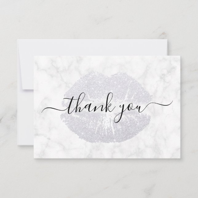 Eleganter moderner silberner Glitzer Lippen, weiße Dankeskarte (Vorderseite)