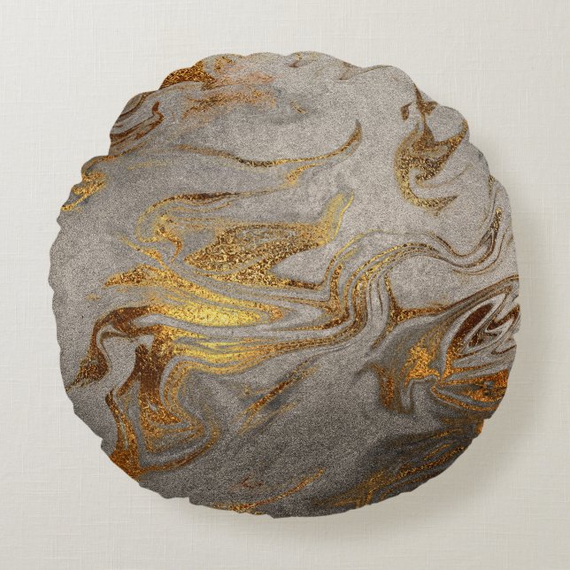 Eleganter, moderner silberner Marmor Rundes Kissen (Vorderseite)